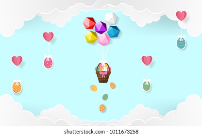 Happy Easter Day paper art card design with candy colors. 2D coloring eggs hanging in hamper with coloring geometric ballons. Vector illustration. EPS 10 