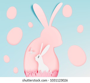 Happy easter day in paper art style with bunny and eggs vector illustration
