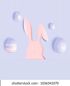 Happy easter day in paper art style with bunny and eggs vector illustration