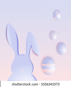 Happy easter day in paper art style with bunny and eggs vector illustration