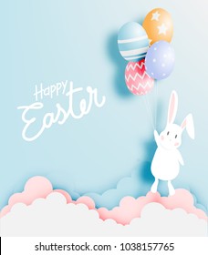 Happy easter day in paper art style with bunny and eggs vector illustration