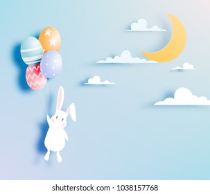 Happy easter day in paper art style with bunny and eggs vector illustration