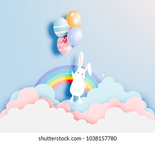 Happy easter day in paper art style with bunny and eggs vector illustration