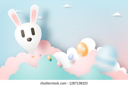 Happy easter day in paper art style with bunny hot air balllon and eggs vector illustration