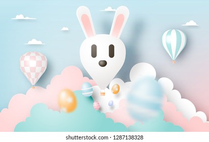 Happy easter day in paper art style with bunny hot air balllon and eggs vector illustration