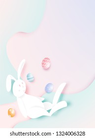 Happy easter day in paper art style with bunny and eggs vector illustration