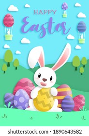 Happy easter day in paper art style with rabbit and easter eggs. greeting card, posters and wallpaper. Vector illustration.