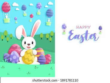 Happy easter day in paper art style with rabbit and easter eggs. greeting card, posters and wallpaper. Vector illustration.