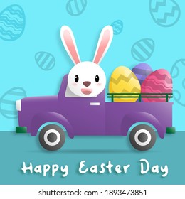 Happy easter day in paper art style with rabbit and easter eggs. greeting card, posters and wallpaper. Vector illustration.