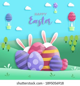 Happy easter day in paper art style with rabbit and easter eggs. greeting card, posters and wallpaper. Vector illustration.