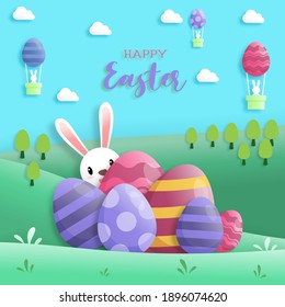 Happy easter day in paper art style with rabbit and easter eggs. greeting card, posters and wallpaper. Vector illustration.