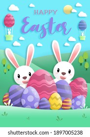 Happy easter day in paper art style with rabbit and easter eggs. greeting card, posters and wallpaper. Vector illustration.