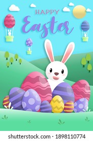 Happy easter day in paper art style with rabbit and easter eggs. greeting card, posters and wallpaper. Vector illustration.