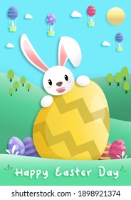 Happy easter day in paper art style with rabbit and easter eggs. greeting card, posters and wallpaper. Vector illustration.
