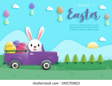 Happy easter day in paper art style with rabbit and easter eggs. greeting card, posters and wallpaper. Vector illustration.