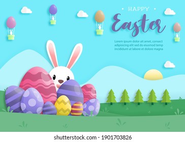 Happy easter day in paper art style with rabbit and easter eggs. greeting card, posters and wallpaper. Vector illustration.