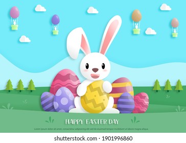Happy easter day in paper art style with rabbit and easter eggs. greeting card, posters and wallpaper. Vector illustration.