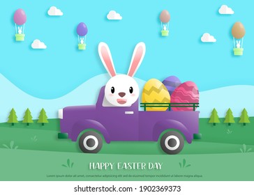 Happy easter day in paper art style with rabbit and easter eggs. greeting card, posters and wallpaper. Vector illustration.