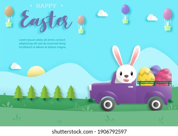 Happy easter day in paper art style with rabbit and easter eggs. greeting card, posters and wallpaper. Vector illustration.