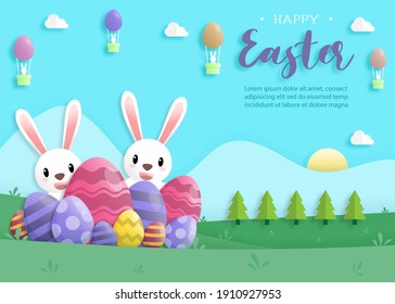 Happy easter day in paper art style with rabbit and easter eggs. greeting card, posters and wallpaper. Vector illustration.