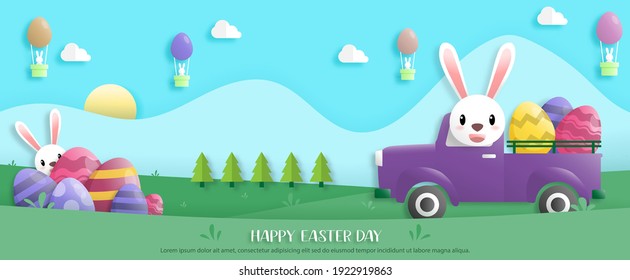 Happy easter day in paper art style with rabbit and easter eggs. greeting card, posters and wallpaper. banner. Vector illustration.