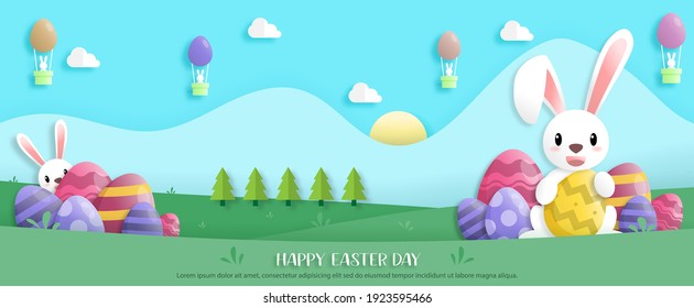 Happy easter day in paper art style with rabbit and easter eggs. greeting card, posters and wallpaper. banner. Vector illustration.