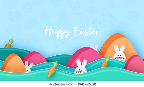 Happy easter day in paper art style with bunny and eggs vector illustration