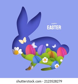 Happy Easter Day in paper art style. Cute bunny rabbit and eggs hunt. Bunny layered frame. Greeting card, posters and wallpaper. Very peri layered color.