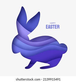 Happy Easter Day in paper art style. Cute bunny rabbit and eggs hunt. Bunny layered frame. Greeting card, posters and wallpaper. Very peri layered color.