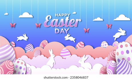 Happy easter day paper cut illustration with cute color suitable for greeting card