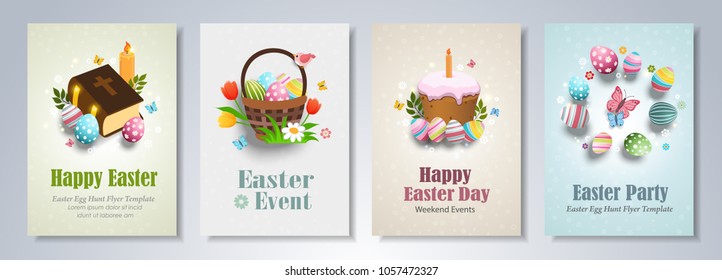 Happy Easter Day party flyer, brochure, holiday invitation, corporate celebration. Easter eggs, basket, Bible, gifts and flowers, on colorful backgrounds. Vector illustration.