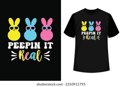 Happy easter day peepin' it real retro vintage color t-shirt design typography graphic vector art shirt design. easter rabbit squad funny quote shirt for kids, baby men, and women. Poster.