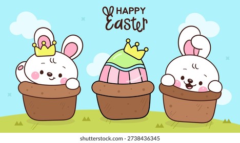 Happy Easter day with Pet bunny rabbit  and prince egg kawaii animal. Spring season. Whimsical character. Flat illustration for clipart vector and baby shirt design.
