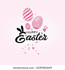 Happy Easter day. Pink eggs and flowers. Modern style easter vector design, pastel soft colors