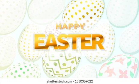 Happy Easter Day. Postcard or Banner. Realistic Holiday Egg. 3d Elements. Easter Chocolate Eggs Decorated with Golden Patterns. Decorated Eggshell with Golden Specks.