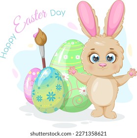 Happy Easter Day postcard with bunny, eggs and paint brush