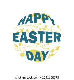 Feliz diseño de postales del Día de Pascua, coloridas letras azul oscuro con felicitaciones en círculo. Ilustración vectorial en estilo caricatura, elementos amarillo doodle.