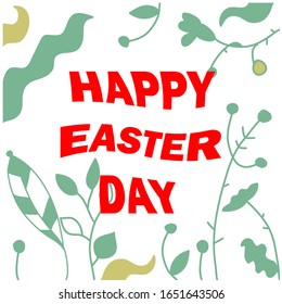 Happy Easter Day postcard design, colorful red twisted lettering with congratulations. Vector stock illustration, branches in cartoon style.