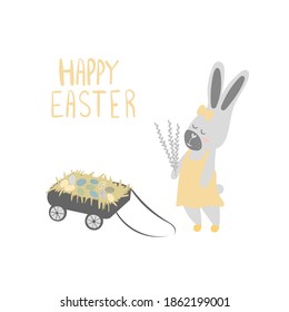 Happy Easter day postcard. Trolley with Easter eggs, funny bunny with twigs. Vector illustration.