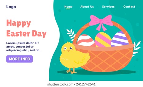 Happy Easter Day poster. Chicken near basket with colorful eggs. Traditional spring holiday and festival. Religion and believe, faith. Landing page design. Cartoon flat vector illustration