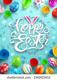 Happy Easter Day Poster with colorful Painted Easter Eggs and hand drawn elements.Handwriting inscription Happy Easter on blue.Promotion and shopping template for Easter Day.Vector illustration EPS10
