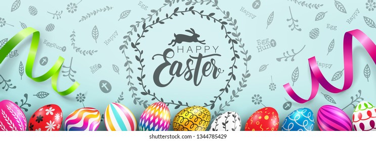 Happy Easter Day Poster with colorful Painted Easter Eggs and hand drawn elements.Handwriting inscription Happy Easter Day.Promotion and shopping template for Easter Day.Vector illustration EPS10