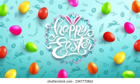 Happy Easter Day Poster with colorful Painted Easter Eggs and hand drawn elements.Handwriting inscription Happy Easter Day.Promotion and shopping template for Easter Day.Vector illustration EPS10