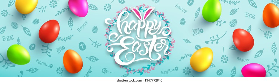 Happy Easter Day Poster with colorful Painted Easter Eggs and hand drawn elements.Handwriting inscription Happy Easter Day.Promotion and shopping template for Easter Day.Vector illustration EPS10