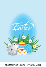 Happy easter day poster with colorful easter egg and easter bunny