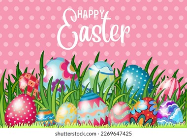 Happy Easter Day Poster with Colorful Eggs in a Grassy Field illustration