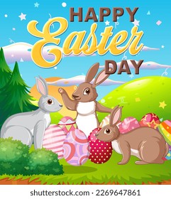 Happy Easter Day Poster with Colorful Eggs and Cute Bunnies illustration