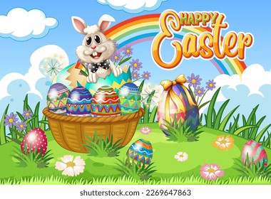 Happy Easter Day Poster with Colorful Eggs and Cute Bunny illustration