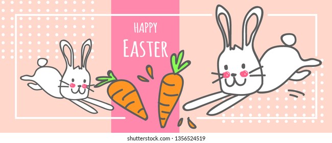 Happy Easter day poster with cute bunny and carrot