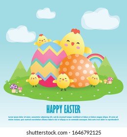 Happy Easter day poster. cute chicks and Easter egg greeting card. banner template isolated on Background vector illustration